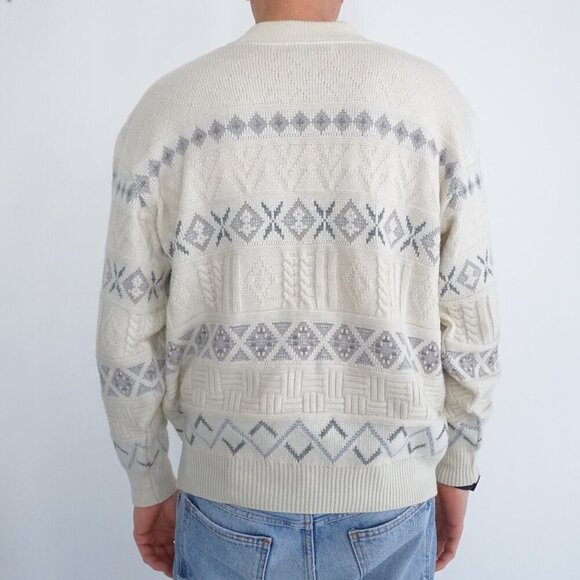 Vtg '90S Marks And Spencer Cream Gray 3D Eclectic Grandpa Crewneck Sweater M - Picture 2 of 11